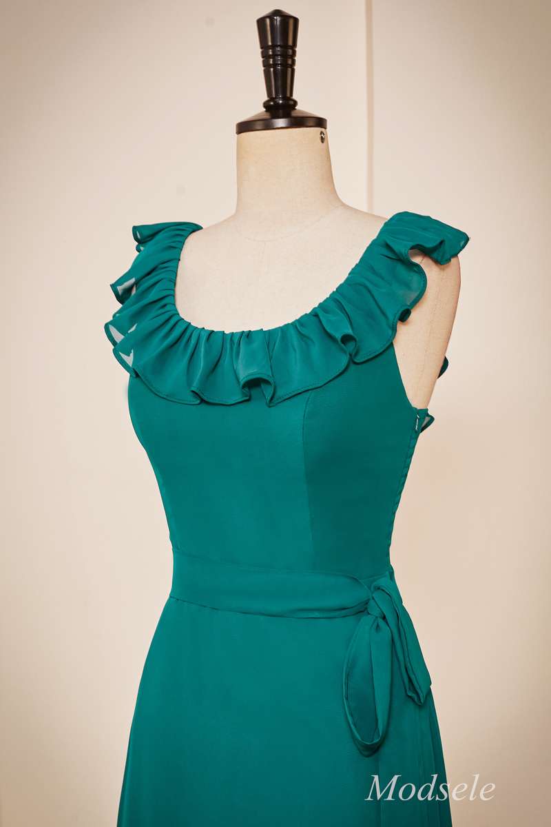 Emerald Chiffon Sleeveless Ruffle Long Dress with Belt