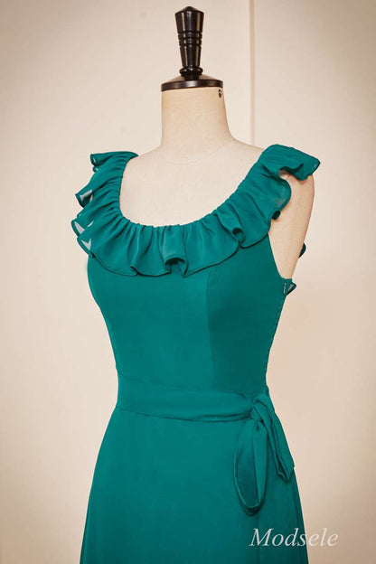 Emerald Chiffon Sleeveless Ruffle Long Dress with Belt