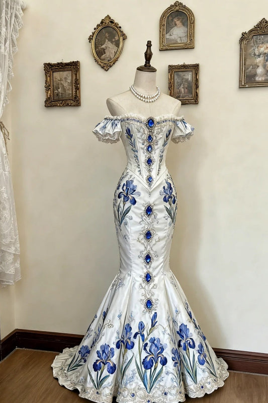 girlhomeshops-Iris - Embroidered Satin & Royal Blue Diamond - Inlaid Off - Shoulder Mermaid Floor - Length Evening Dress gh5894