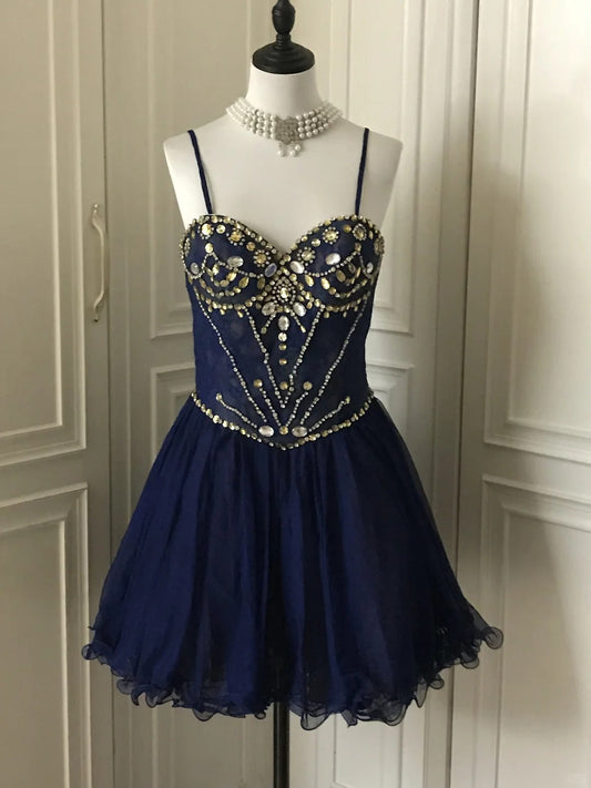 💙Dark blue shiny retro princess short homecoming dress beaded tulle ball gown evening dress gh4393