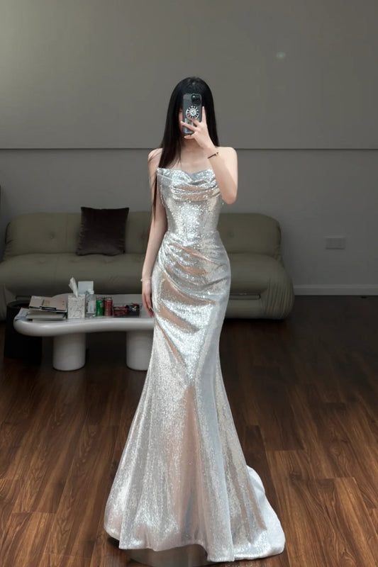 Luxury Shimmer Style Silver Sequin Strapless Mermaid Gown - Dinner & Red Carpet Gorgeous Dress gh6566