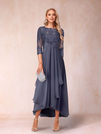 A-line princess transparent collar 3/4 sleeve length with bead and decal mother of the bride dress