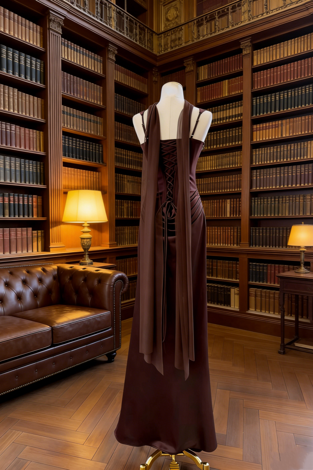 Dark Coffee Satin Lace-Up Sash Mermaid Dress - Vintage Socialite Style Cocktail Gown gh6963