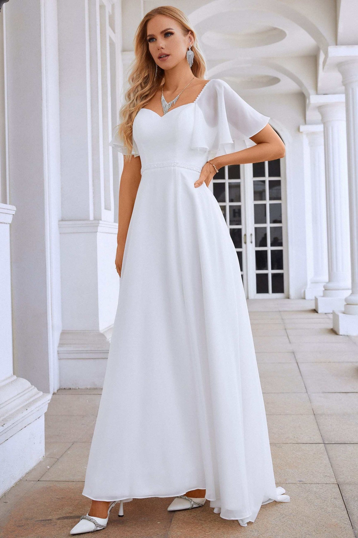 White Chiffon Tie-Back A-Line Long Dress with Flutter Sleeves