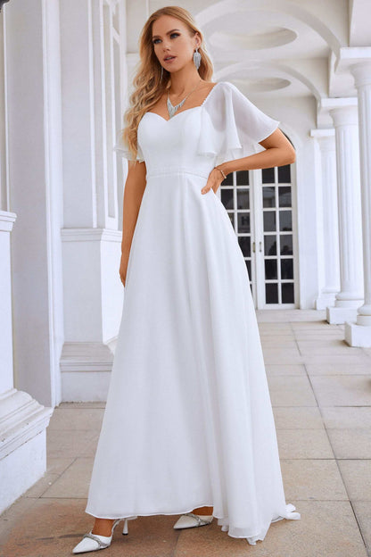 White Chiffon Tie-Back A-Line Long Dress with Flutter Sleeves