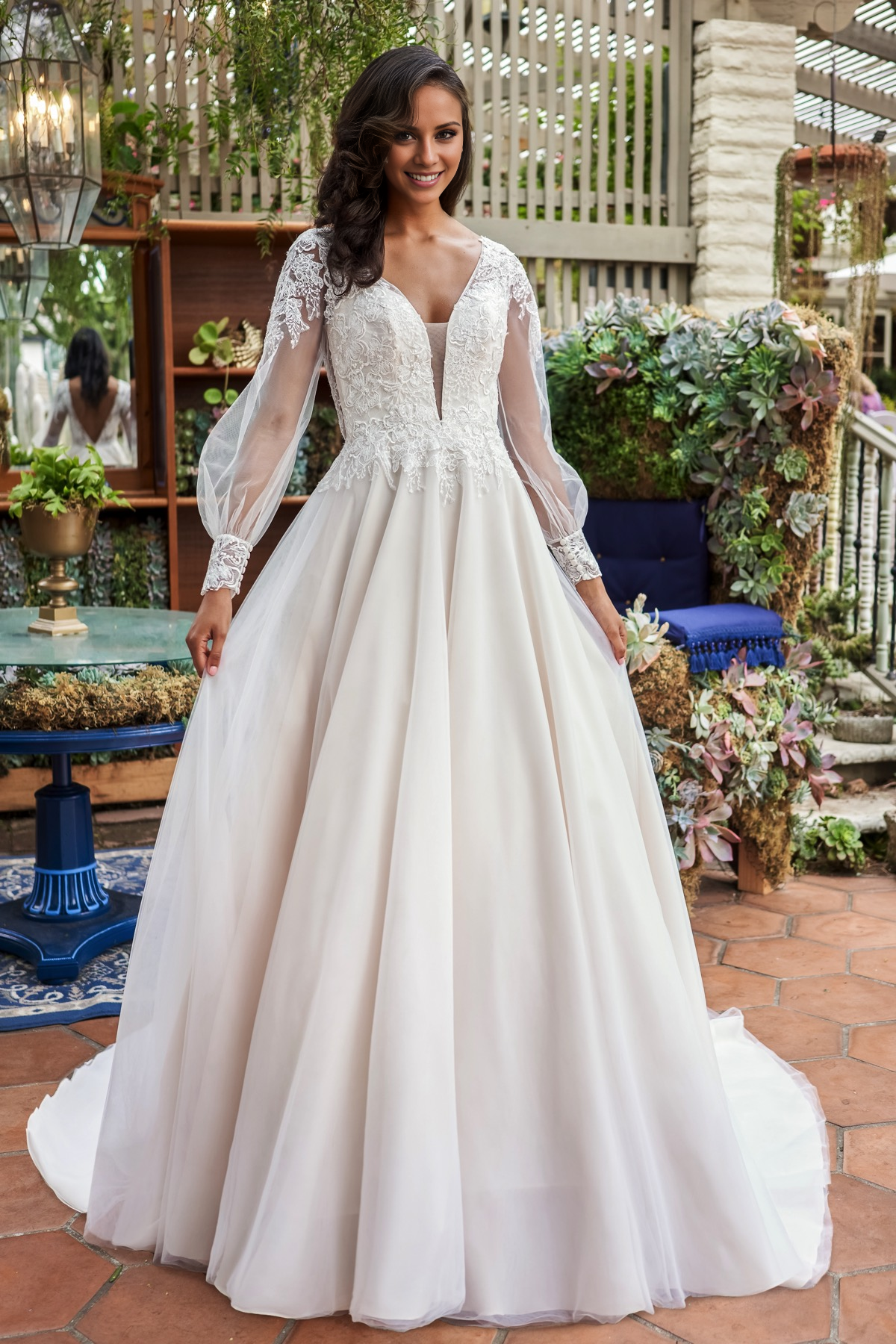 A-line V-neck embroidered lace chiffon and floor length wedding dress