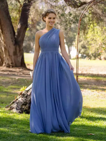 Classic A-line shoulder and floor chiffon asymmetrical shoulder cut zipper back Prom Dresses