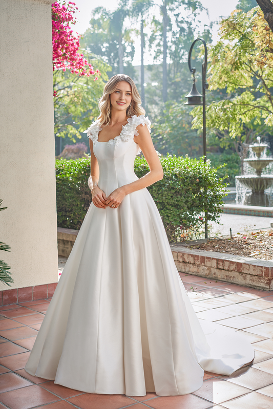 A-line square neckline sleeveless floral shoulder strap backless and floor length wedding dress