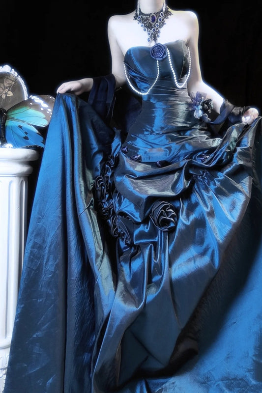 Vintage-style elegant blue taffeta long ball gown gh6845