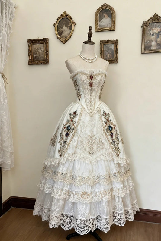 girlhomeshops-Luxury Classical Quinceanera Style：Vintage Lace Gemstone - Accented Strapless Floor - Length Quinceanera Dress gh5893