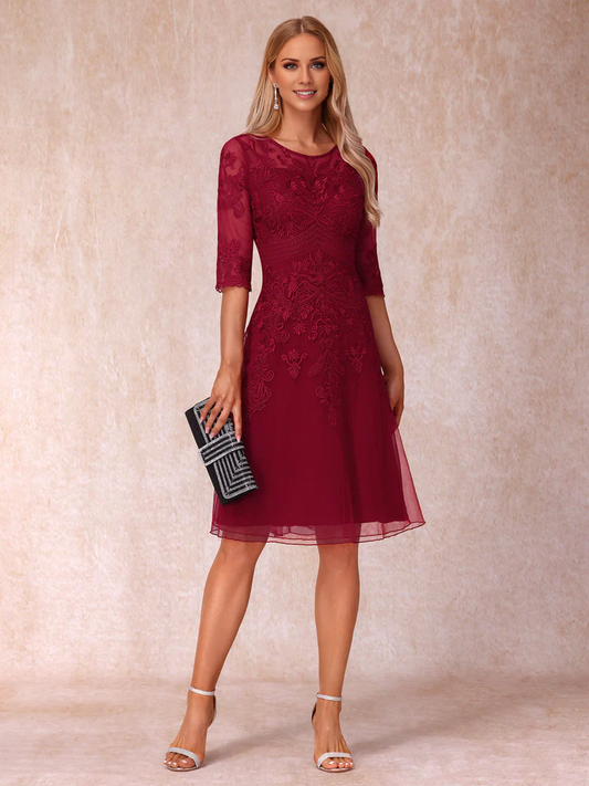 A-line/Princess Transparent Collar Half Sleeve Short Style Formal Mother of the bride Dress