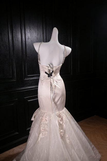 Champagne Soft Flower Twist Strapless Diamond Strap Mermaid Maxi Dress gh6924