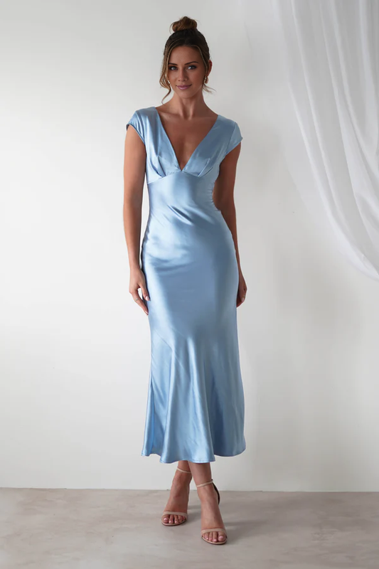 V-neck short sleeved satin long Prom dress - Jimiss Dress