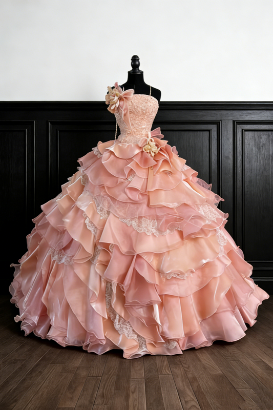 Peach Pink Layered Wave Strapless Beaded Ball Gown gh6925