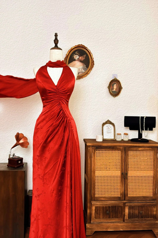 Flattering Fit! Niche Design Red Dress Halter Neck Cape-Sleeve Engagement Maxi Dress gh7006