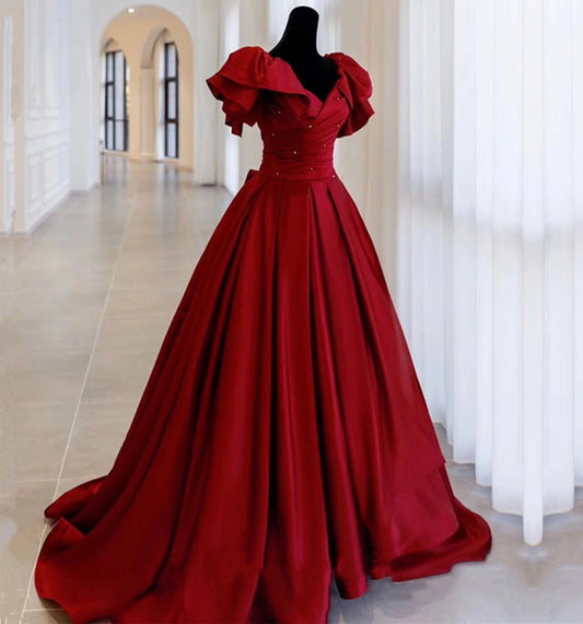 Burgundy Vintage Fashion Exquisite Beading A-Line Long Satin Ball Gown Evening Dress 8720