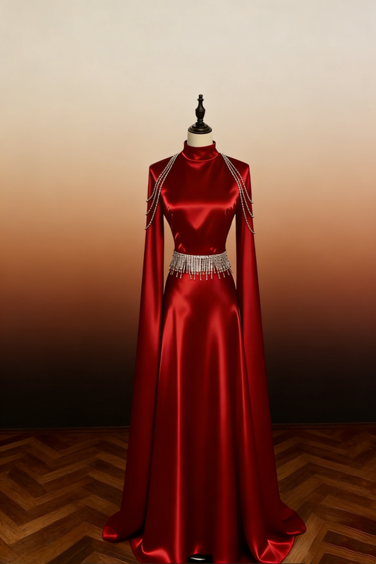 Burgundy High-Shine Satin High Neck Gown - Vintage Luxury Crystal Fringe Wide Sleeve Maxi Dress gh6970