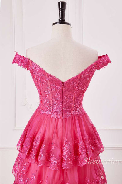 Fuchsia Floral Appliques Off-the-Shoulder Ruffle Tiered Gown