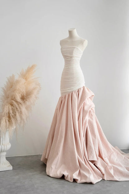 girlhomeshops- Vintage Pink-White Contrast Ruched Strapless Mermaid Long Evening Gown gh6091