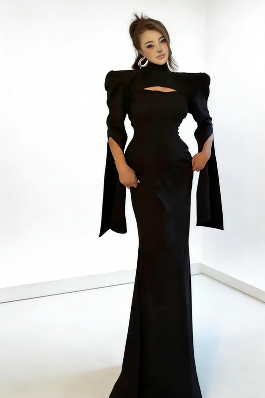 Black Matte High Neck Cutout Gown - Dark Glamour Padded Shoulder Wide Sleeve Mermaid Maxi Dress gh6971