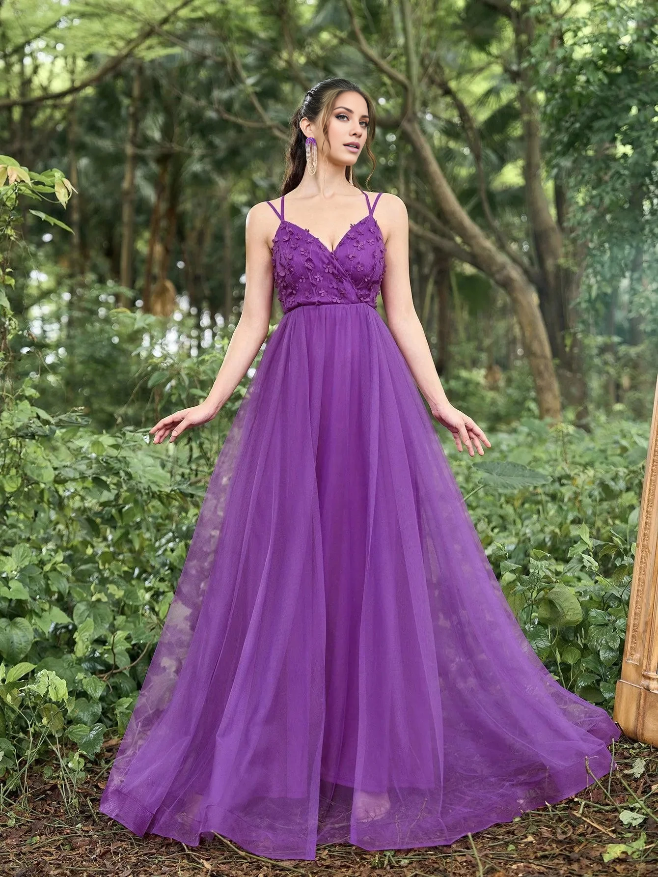 Backless floral decal details sheer thin shoulder straps and floor length formal dress