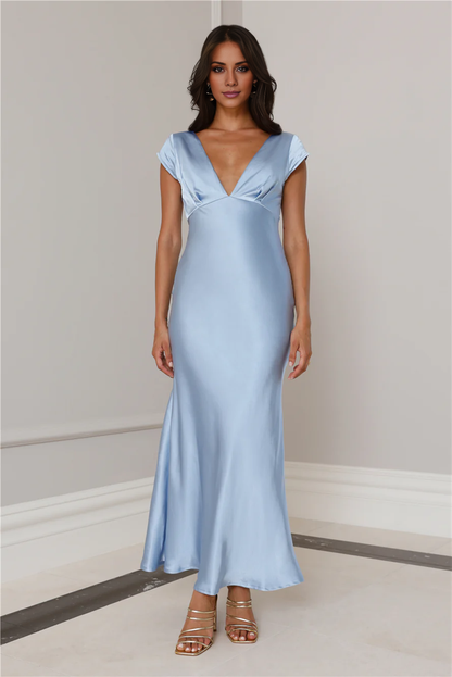 Jimiss V-neck satin short sleeved backless long Prom dress