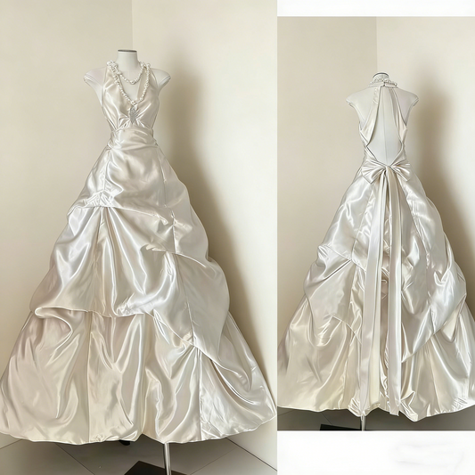 Satin Halter Gown - Corset Ruffle Ballgown Light Wedding/Engagement Dinner/Evening Dress gh6990