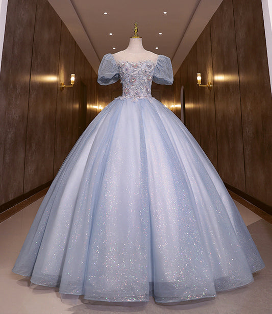 Blue shiny fashion elegant exquisite floral applique tulle lace long prom dress evening dress graduation dress 10259