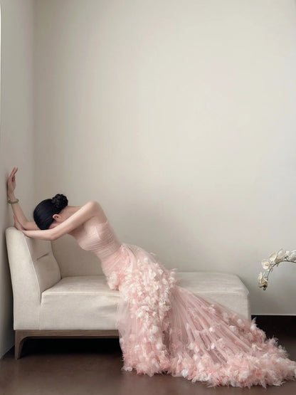 Pink Delicate Floral Long Chiffon Evening Gown Fairy Gown gh6759