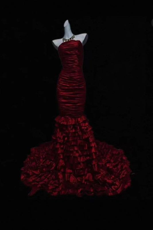 Luxury Red Mermaid Prom Dress with Strapless Ruched Bodice Tiered Ruffle Train  Formal Evening Gown gh7106