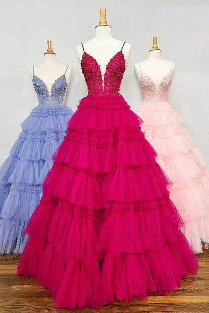 Spaghetti Strap V-Neck Sleeveless Ruffle Tiered Tulle Long Ball Gown