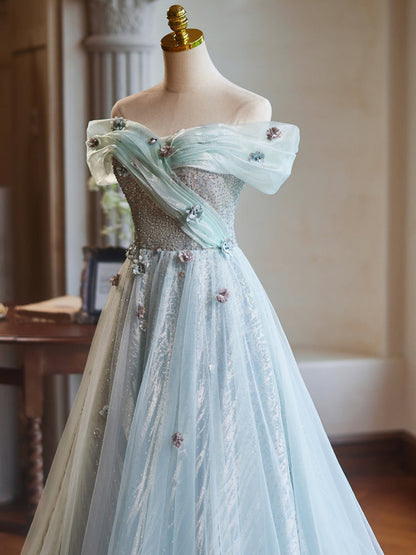 Off Shoulder Tulle A-Line Green Long Prom Dress, Green Long Formal Dress