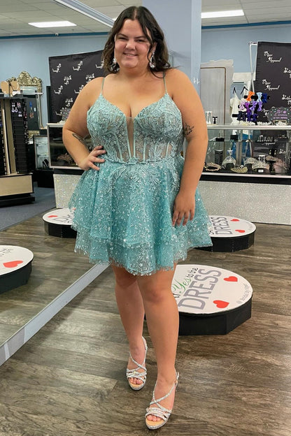Sea Glass Tulle Lace Multi-Layer Short Gown with Spaghetti Straps