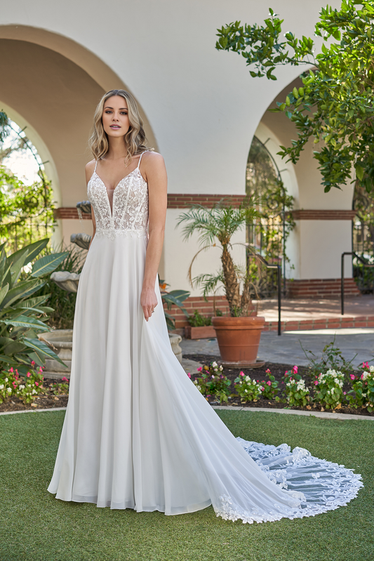 A-line tight corset with beaded thin shoulder straps and floor length wedding dress