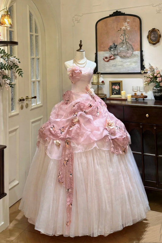 Vintage Romantic Light Pink Retro Gown - Strapless 3D Flower Layered Lace Ballgown Party Maxi Dress gh6998