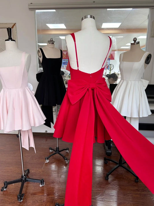 Pink, white, black, and red short satin back to school dress, birthday dress gh6798