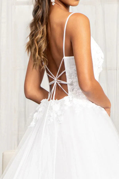 3D floral white long deep V-neck wedding dress