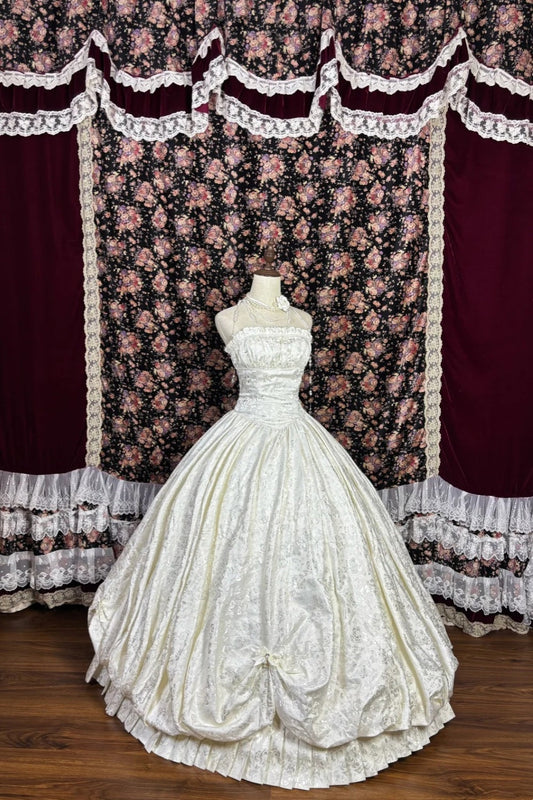 Vintage Palace Style Strapless Jacquard Wedding Dress Flared Satin Gown gh7005