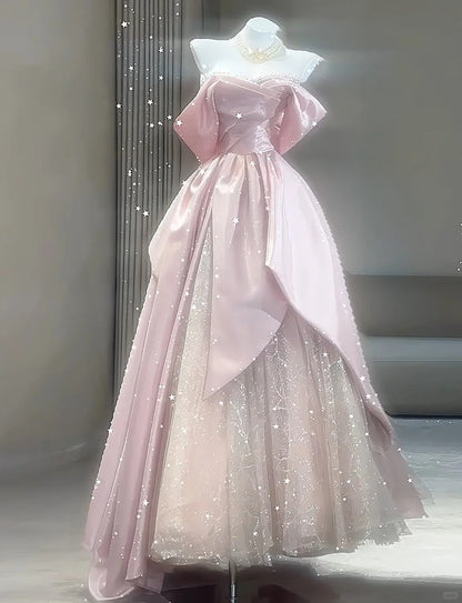 Pink Adult Dress Sweet Elegant Tulle Long Ball Gown Evening Dress gh4469