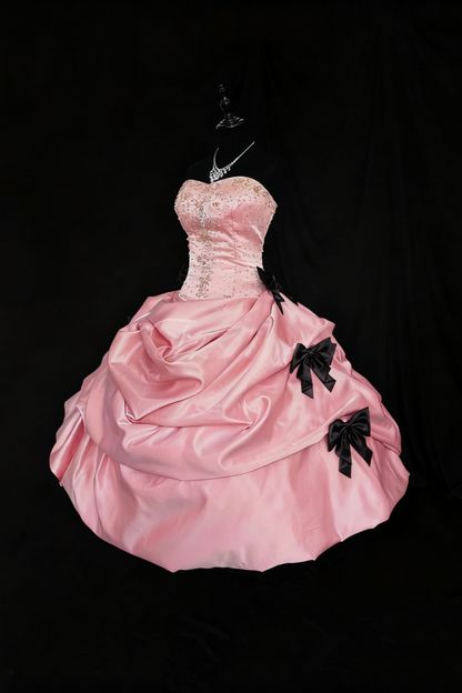 girlhomeshops-Girlish Heart Party Style Pink Satin & Black Bow Beaded Strapless Floor - Length Birthday Highlight Dress gh5888
