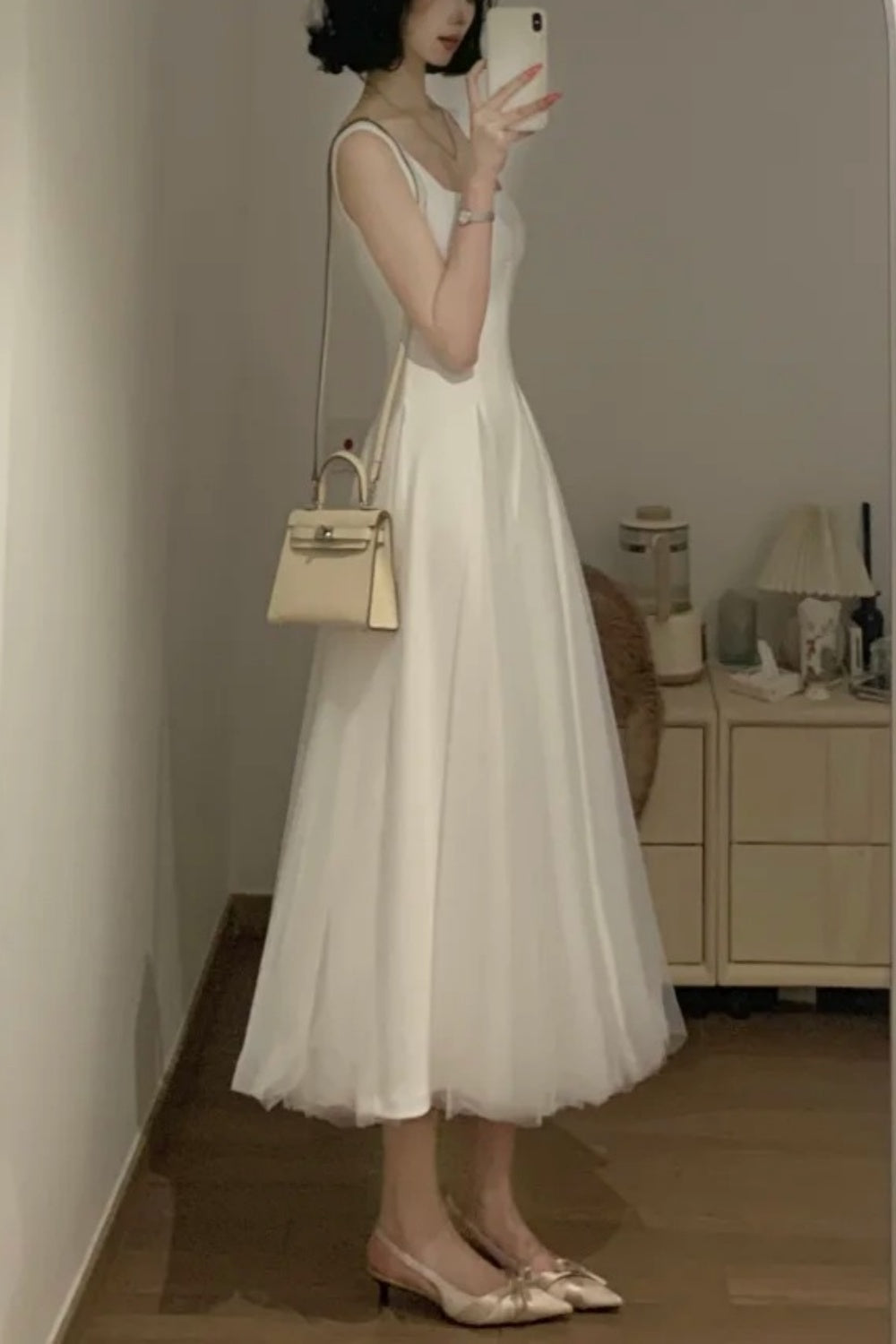 White Square Neck Spaghetti Strap Satin Tulle - Minimalist Elegant Bridesmaid/Date/Light Evening Midi Gown gh6981