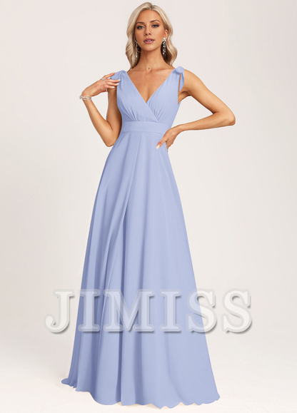 A-link V-neck and ground chiffon bow bridesmaid dress
