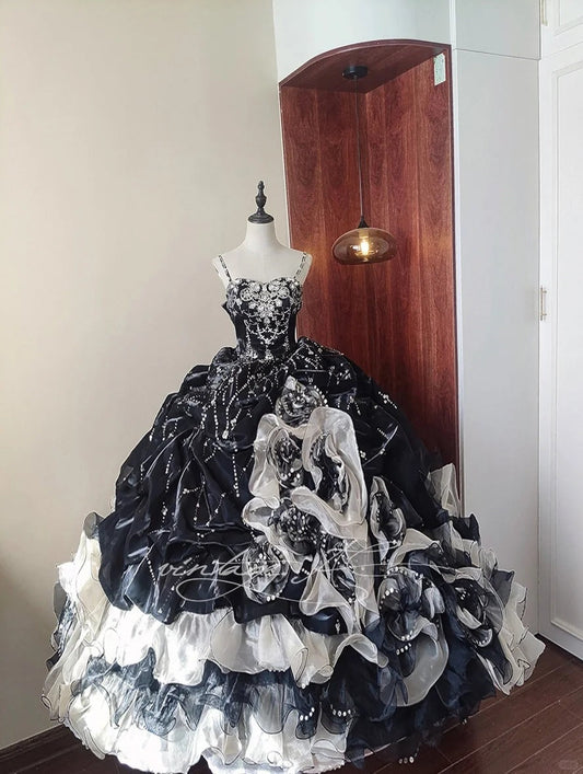 Girlhomeshops-Black and white Quinceanera Dresses, gorgeous beaded long tulle black swan dress, ball gowns, princess adult dress, 16-year-old dress gh5291