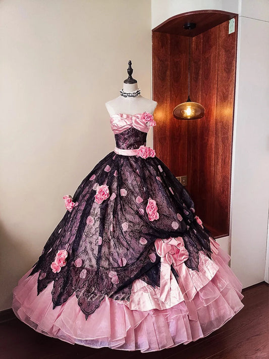 Girlhomeshops-Pink Floral Lace Tulle Floor-Length Ball Gown gh5302