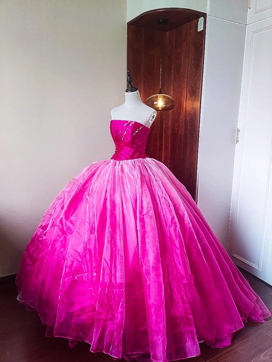 Girlhomeshops-Pink Fashion Beaded Ombre Long Tulle Floor-Length Ball Gown gh5301