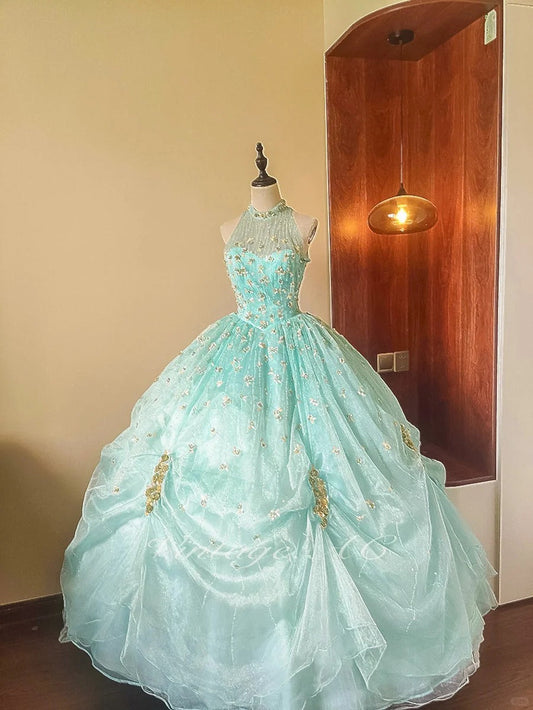 Girlhomeshops-Mint Green Glitter Beaded Floral Long Tulle Floor-Length Ball Gown gh5300