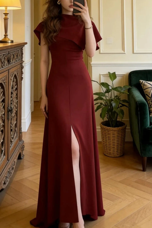 Slimming Magic! French Vintage Wine Red Maxi Dress Stand Collar Flutter Sleeve Waist-Cinched Split Gown gh7011