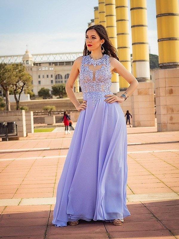 A-Line/Princess Sleeveless Applique Chiffon Scoop Sweep/Brush Train Dresses - RongMoon