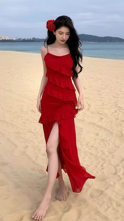 Pretty Hot Pink Ruffles Long Party Dress Chiffon Slit Prom Evenign Dress cc2235