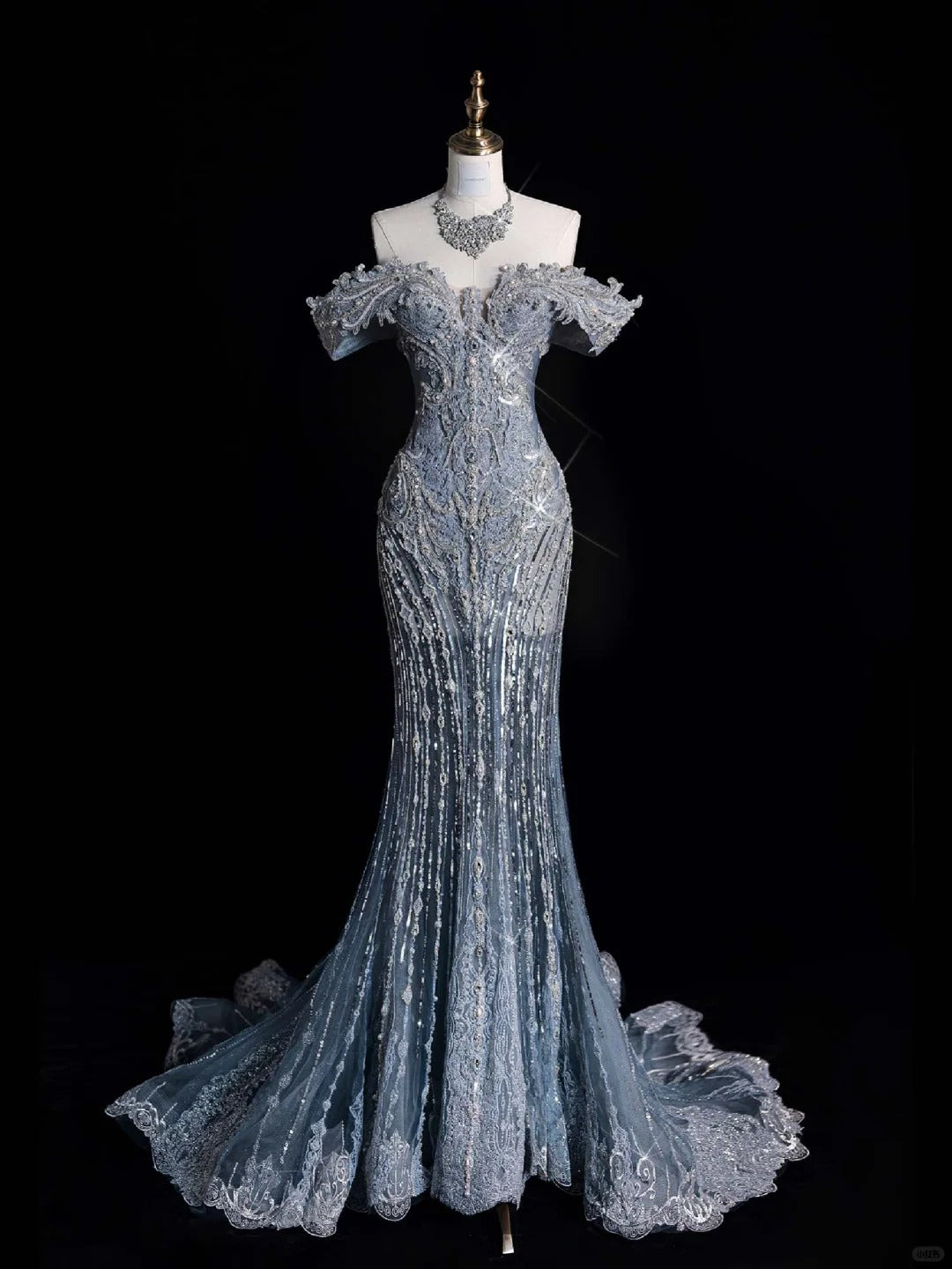 ✨💎Silver Blue Luxurious Heavy Industry Sparkling Gorgeous Elegant Exquisite Beading Stunning Long Mermaid Dress Sequin Floor Length Trailing Prom Dress Evening Dress Wedding Dress gh4114